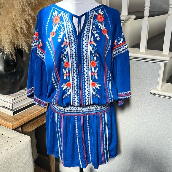 Parker Giselle Blue Floral Embroidered Tunic/Mini Dress Size Medium - Picture 2 of 10